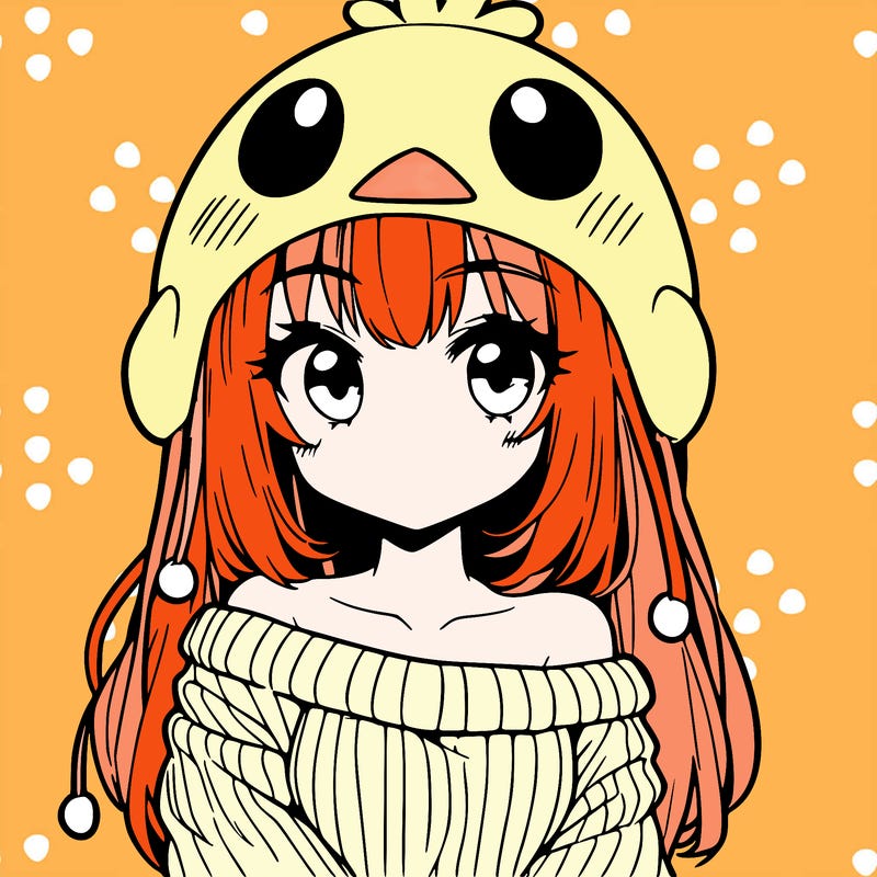 anime girl with chick shaped hat with sweater with bare shoulders with bangs covering them one eye with low tail