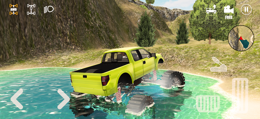 Offroad Driving School 4x4 - A customized yellow pickup truck driving through a lake in Offroad Driving School 4x4
