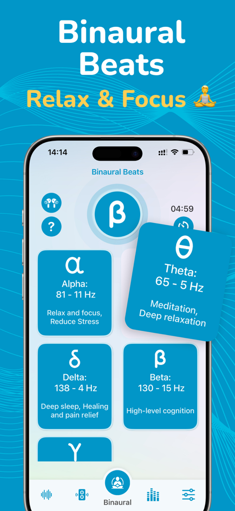 Hz Frequency Generator app interface showing binaural beats categories for brain wave stimulation including Alpha Beta Delta and Theta