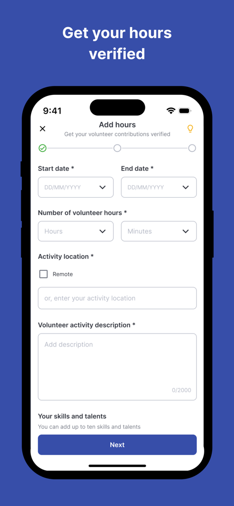 Una pantalla de aplicación móvil con un formulario para registrar horas de servicio voluntario que incluyen fechas, duración, ubicación y descripción para su verificación