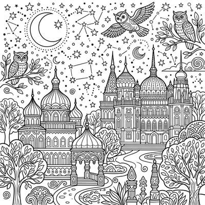 Journey to a magical realm with this enchanting coloring page featuring a grand summer palace bathed in the tranquility of night. Adorned with twinkling stars and wise owls, this detailed illustration offers a captivating escape for your artistic imagination.