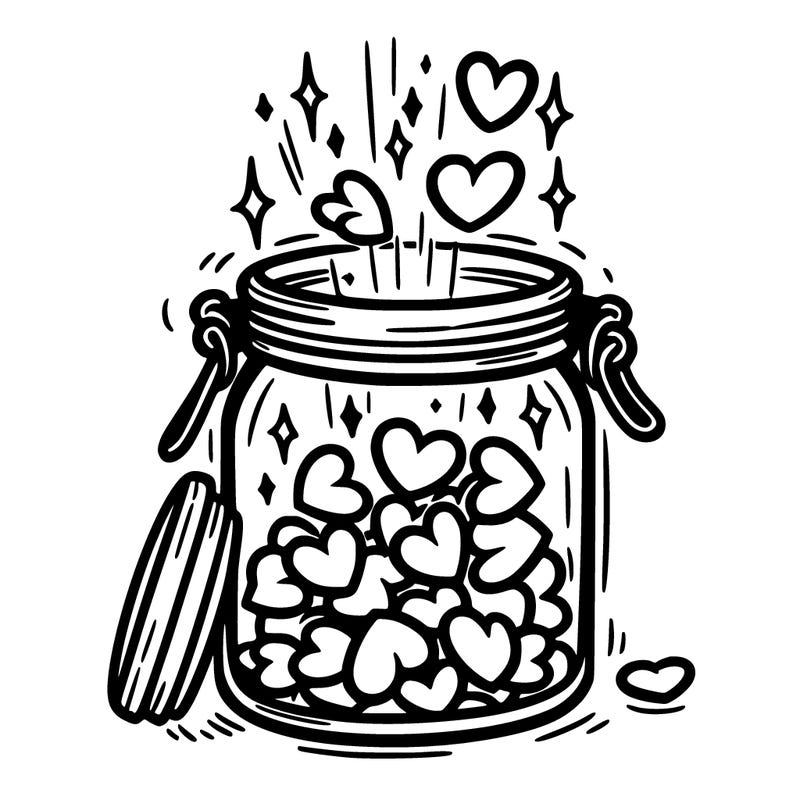 a jar filled with glowing hearts slowly opening and releasing them.