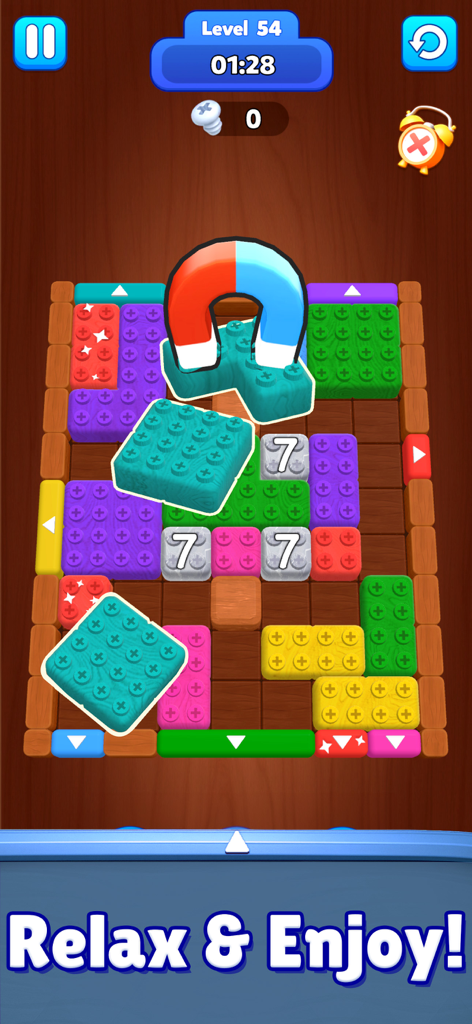 Block Mania: Color Jam - Gameplay screenshot of Block Mania Color Jam showing a magnet lifting a puzzle block on a wooden board