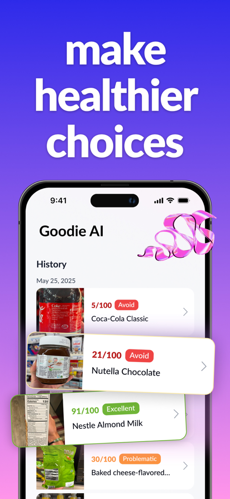 Goodie AI: Food Scanner - Goodie AI app displaying a history of scanned food products with color-coded health ratings and scores.