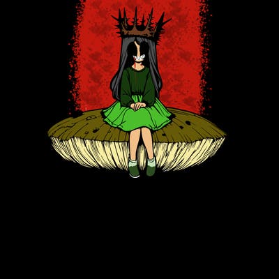 realistic girl sitting on a huge tree stump size toadstool with thorn crown