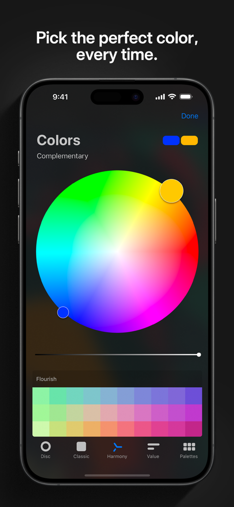 Interface de sélection des couleurs Procreate Pocket avec une roue chromatique et une palette sur iPhone.