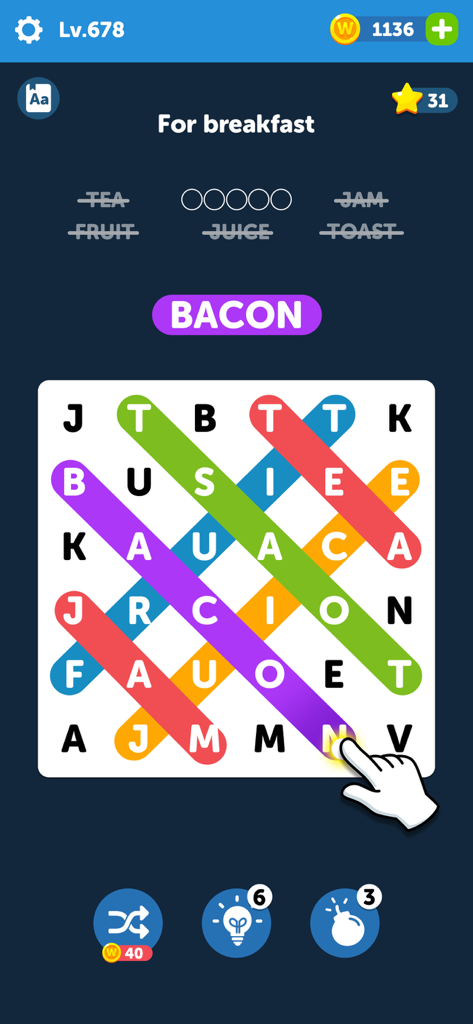A mobile word search puzzle interface from Wonder Word showing a player swiping to find breakfast related words like bacon on a colorful letter grid.