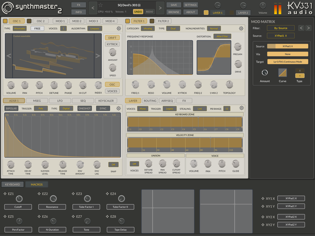 SynthMaster 2 - Interface of the SynthMaster 2 iPad app showing oscillators, filters, and modulation settings for professional music production.