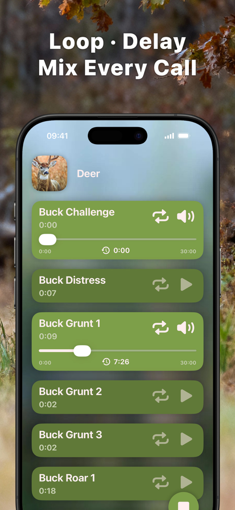 Interface of the Hunting Calls Deer app showing a list of buck calls with playback and loop controls