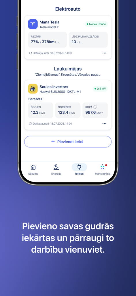 Ignitis Latvija app interface showing Tesla electric vehicle charging and solar inverter energy production data