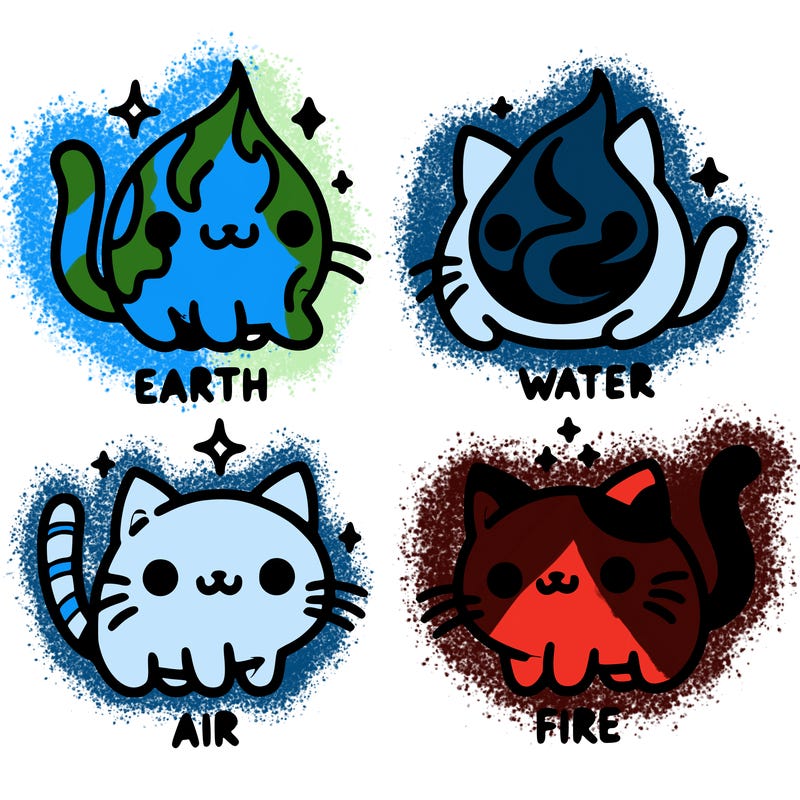 4 cats that represent the different elements, earth, water, air, and fire