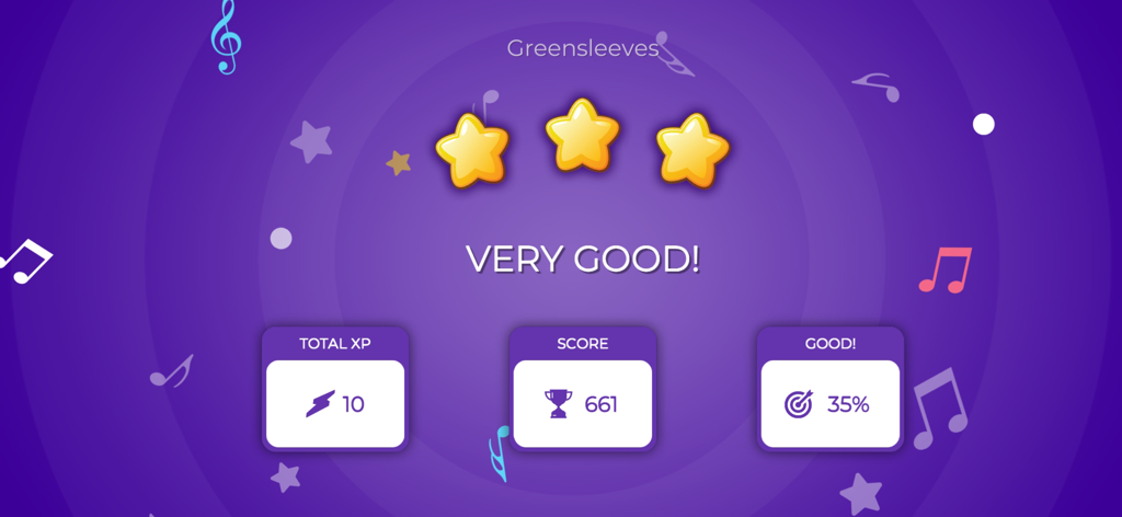 Pianist Master - Pianist Master app results screen showing three stars and score for Greensleeves