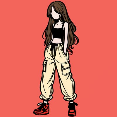 girl in baggy pants crop top and long hair