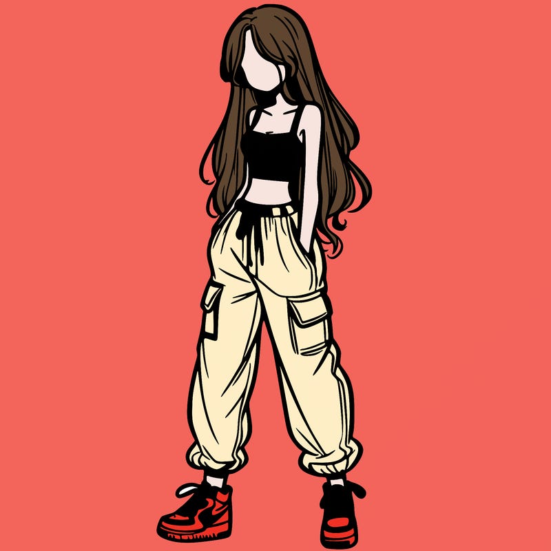girl in baggy pants crop top and long hair