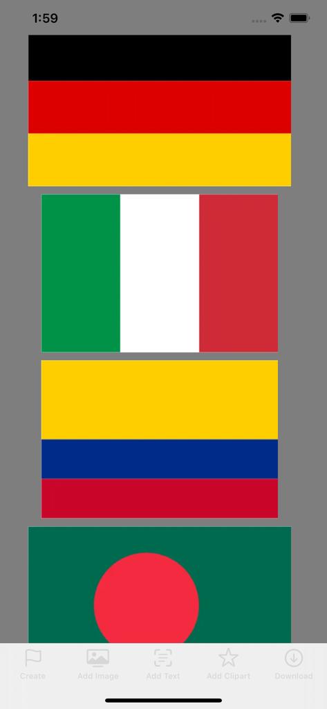 Mobile app screen displaying a scrollable list of national flag templates including Germany, Italy, and Colombia.
