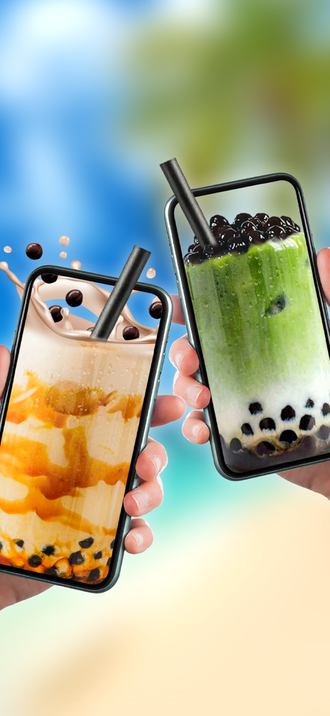 Boba Tale: Bubble Tea Recipe - Two hands holding smartphones showing realistic virtual bubble tea drinks with boba pearls and straws.