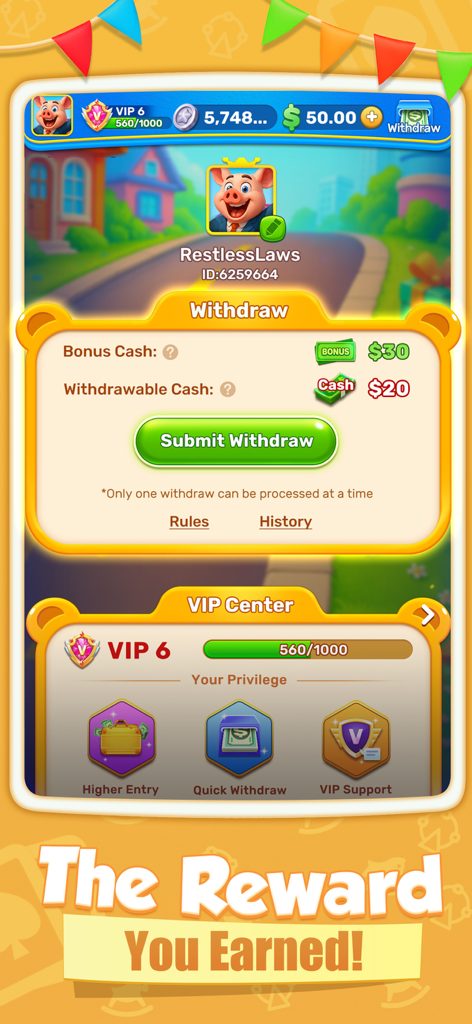 Solitaire Bounty:Win Real Cash - Solitaire Bounty app interface showing cash withdrawal options and VIP rewards status