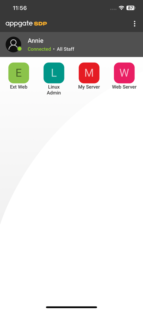 Appgate SDP Client - Painel do Appgate SDP Client mostrando um usuário conectado e ícones de atalho para recursos de servidor e web seguros.
