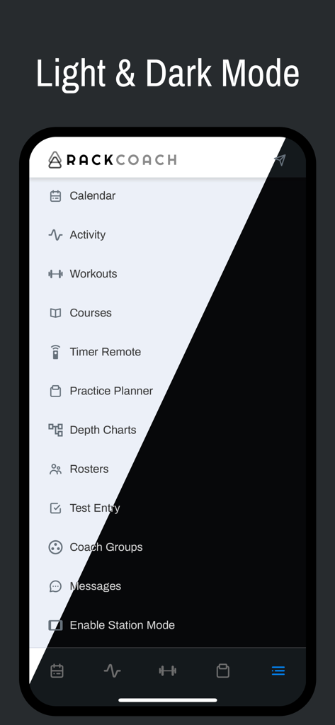 Menu de navegação do aplicativo RackCoach exibindo opções de interface de modo claro e escuro para profissionais de fitness