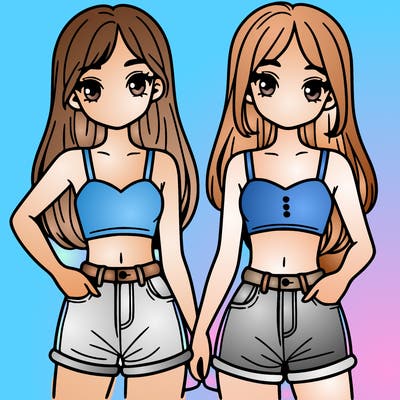 two sisters with crop tops and jean shorts and straight hair