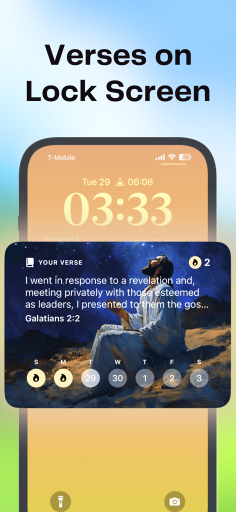 iPhone lock screen showing a scripture widget with a Bible verse and religious illustration.