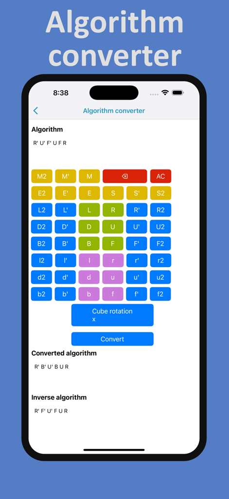 My Cube Timer - Mobile screen of the My Cube Timer app showing the algorithm converter tool with a grid of color coded move buttons