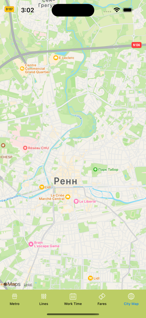 Rennes Subway Map - Vue de la carte de la ville intégrée dans l'application Rennes Subway Map montrant les rues et attractions locales.