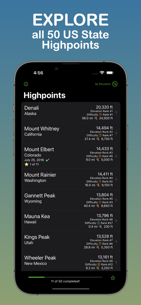 Highpointer - A mobile app interface showing a ranked list of US state highpoints like Denali and Mount Whitney with elevation details and completion progress