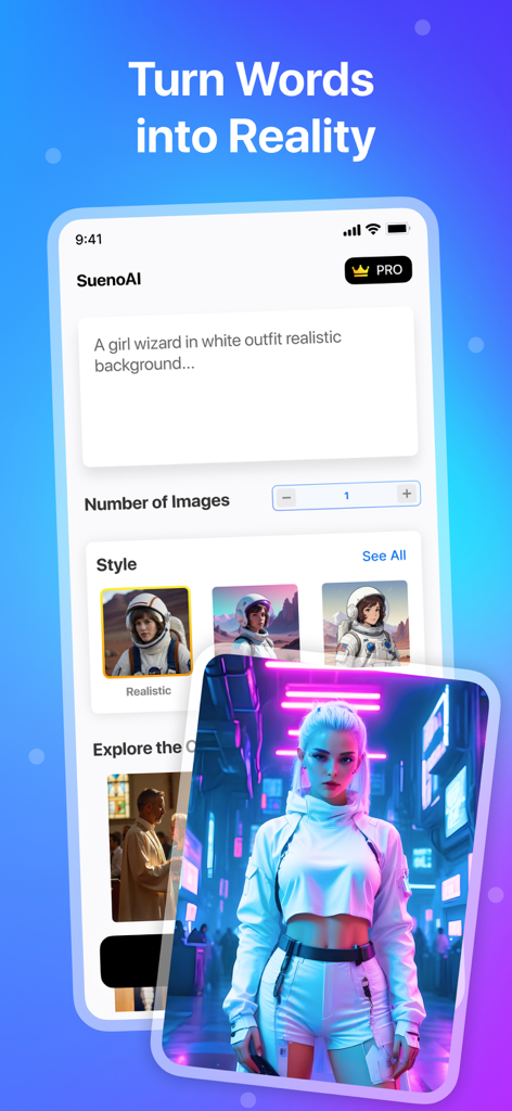 AI Figurine：AI Image Generator - SuenoAIアプリのインターフェース。テキストプロンプトと生成されたサイバーパンクな少女の画像を表示。
