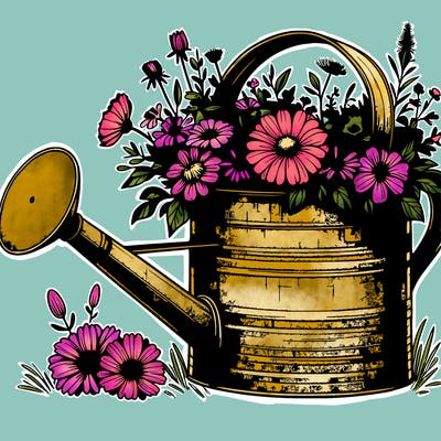 large rustic watering can with wildflowers realistic