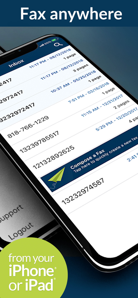 MyFax App–Receive & Send Fax - MyFax app inbox screen on an iPhone showing a list of received faxes and a compose fax button.