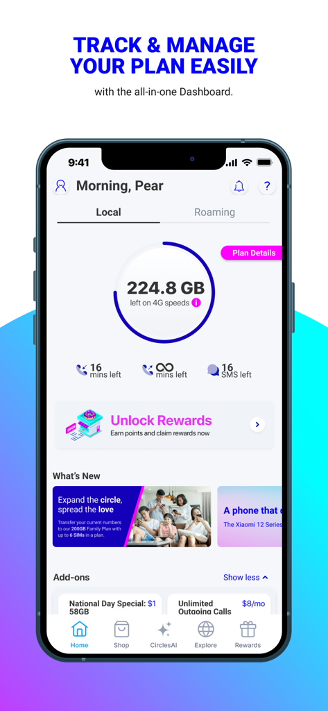 Circles.Life Singapore - Circles.Life Singapore app dashboard showing real-time mobile data usage and plan management