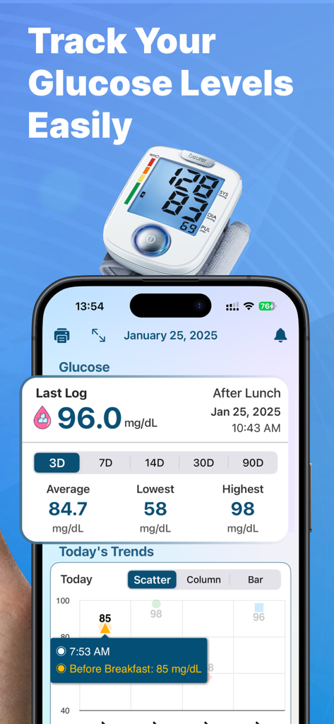 Aplicación Monitor de Glucosa en Sangre mostrando registros de salud y gráficos de tendencias en un teléfono inteligente.