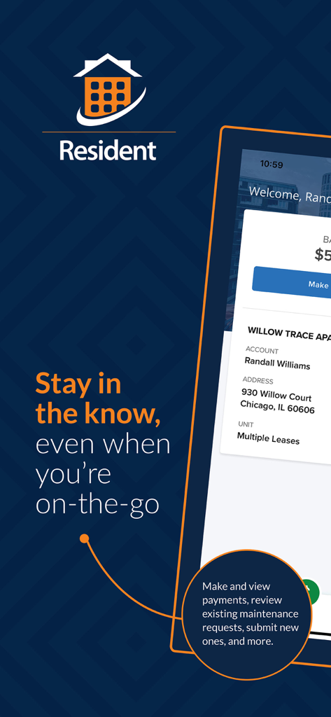 rmResident - rmResident mobile app interface for managing rent payments and maintenance requests on a smartphone.