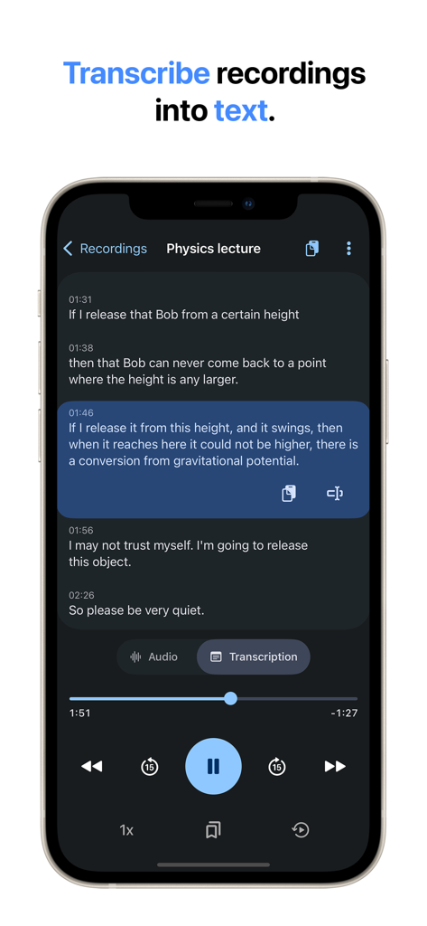 Voice Recorder & Transcribe - iPhone画面に、Voice Recorderアプリの文字起こし機能が表示され、物理学の講義をテキストに変換しています。
