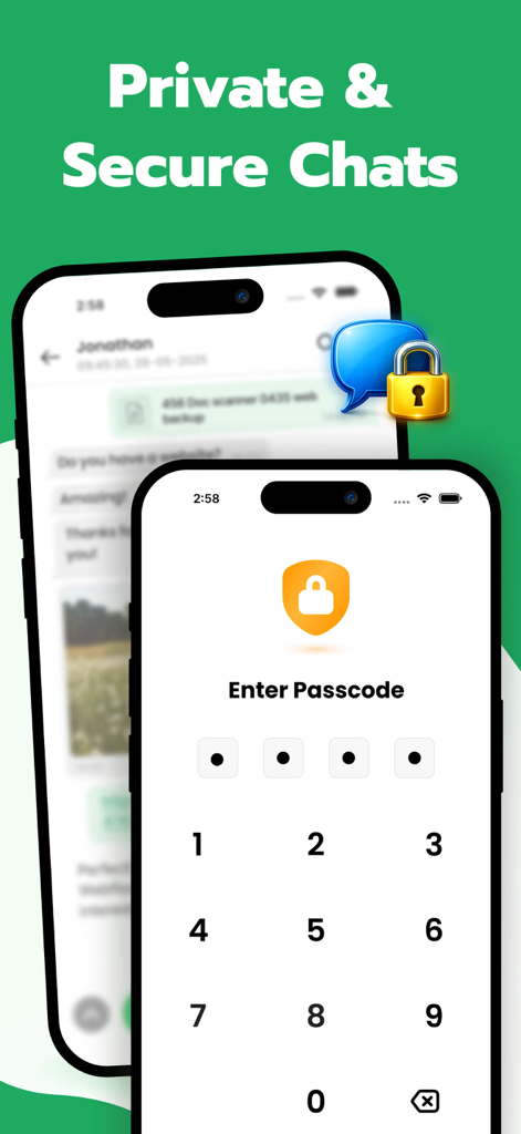 Whats Web – Dual App Messenger - Interface de aplicativo móvel mostrando uma tela de entrada de senha para mensagens privadas e seguras.