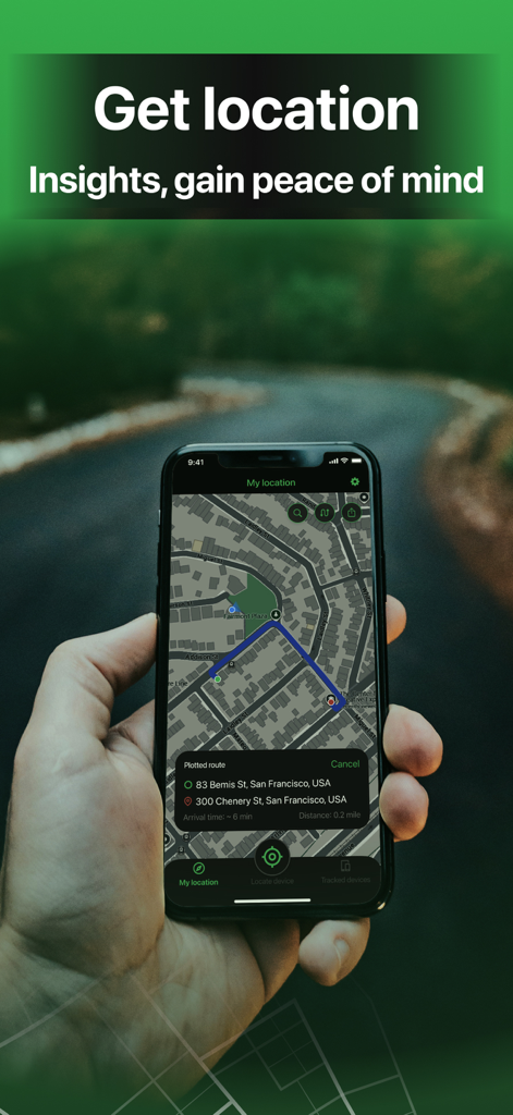 Family GPS Phone Location Life - iPhone showing a real-time GPS location map and route for family safety