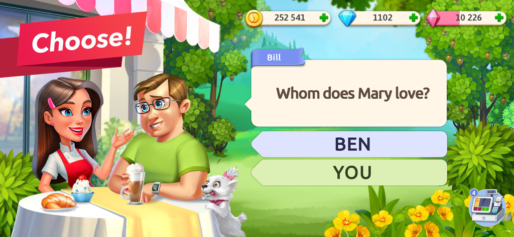 A character dialogue scene in My Cafe game showing a choice between two romantic story options.