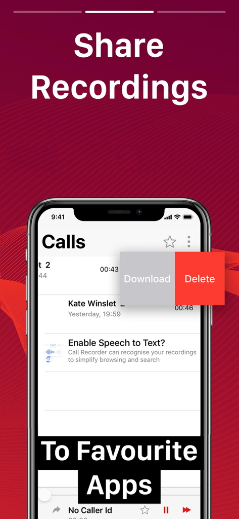 Call Recorder plus ACR - Interface of Call Recorder plus ACR app showing the share recordings screen with download and delete options for recorded calls