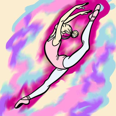 gymnast doing a leap in a leotard with a bent back leg
