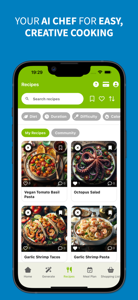 AI-Chef mobile app interface displaying a grid of diverse recipes including pasta and tacos with filtering options