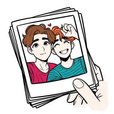 realistic, best friends taking a polaroid picture