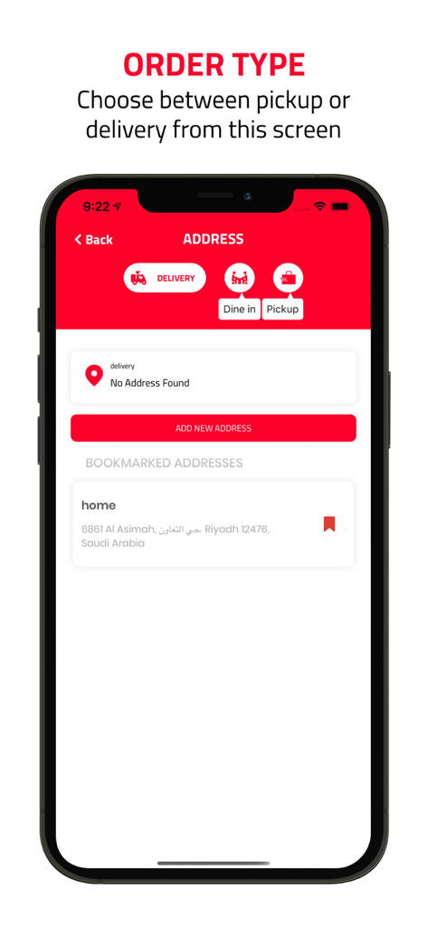 Jan Burger | جان برجر - Jan Burger app screenshot showing the address and order type selection screen for delivery, dine-in, and pickup.