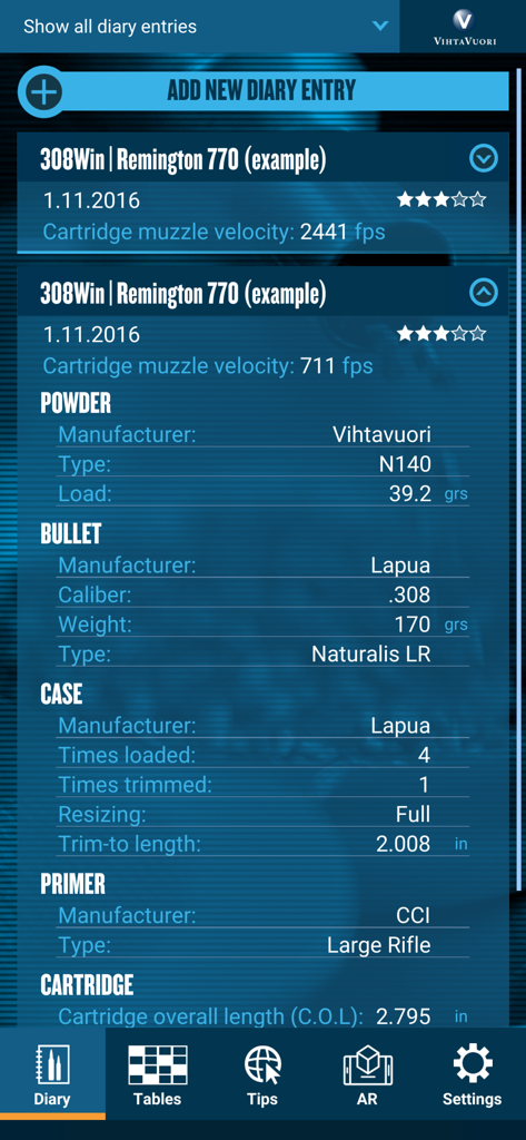 Eine detaillierte Wiederlade-Tagebucheintragung in der Vihtavuori Reload App, die spezifische Pulver-, Geschoss- und Patronendaten für eine 308 Winchester anzeigt