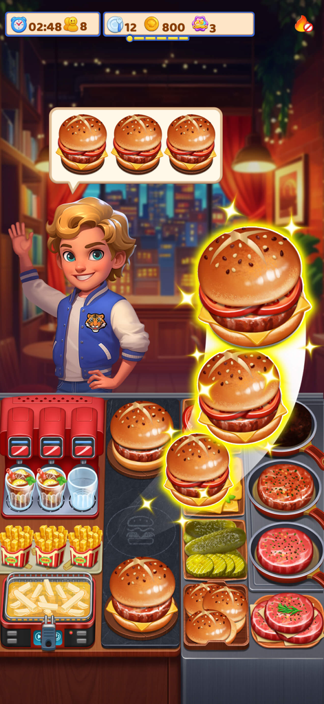 Cooking Ready - Un personaje pidiendo tres hamburguesas en el juego móvil Cooking Ready.