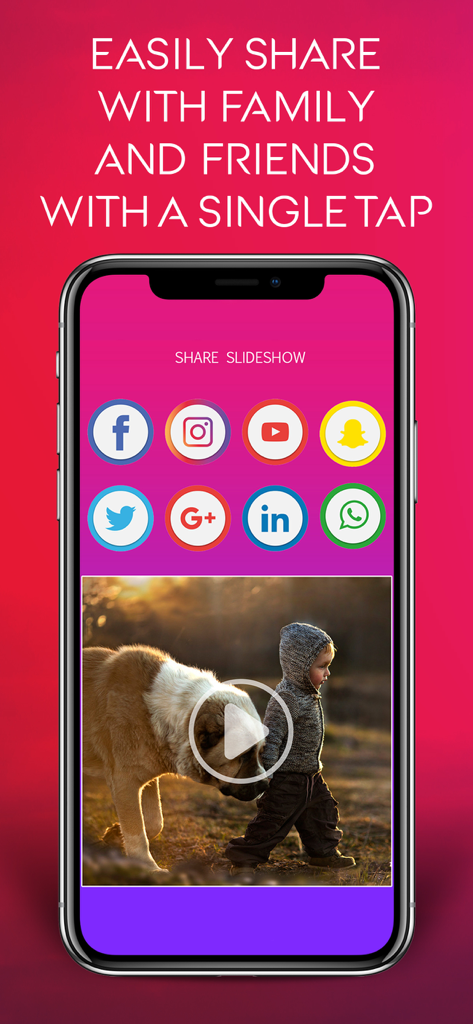 App interface for sharing slideshow videos to social media platforms with one tap