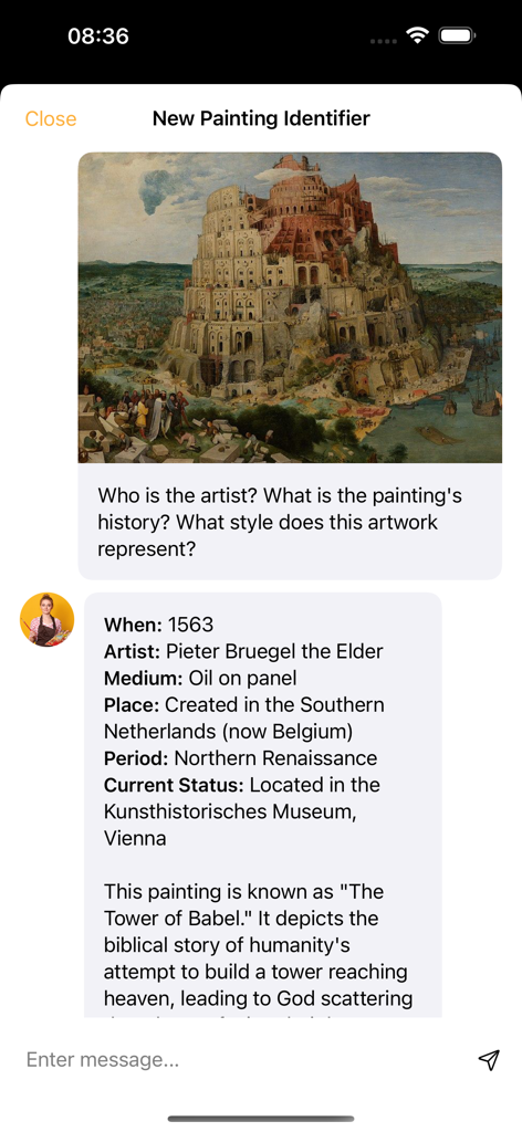 El chatbot de la aplicación Identificador de Pinturas identificando obras de Pieter Bruegel el Viejo