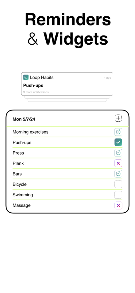 Loop Habits Tracker - Pantalla de la aplicación móvil Loop Habits Tracker que muestra recordatorios de hábitos y widgets de rutina diaria