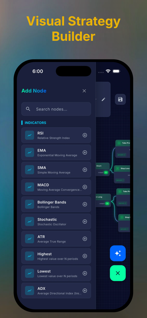 Sindex AI: Crypto Signal Alert - Écran de l'application mobile montrant le constructeur de stratégie visuelle Sindex AI avec une liste d'indicateurs techniques tels que le RSI et le MACD