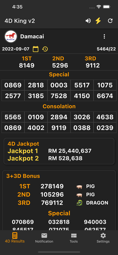 4D King V2 Live 4D Results - 4D King V2 app interface displaying Damacai lottery winning numbers and jackpot prizes